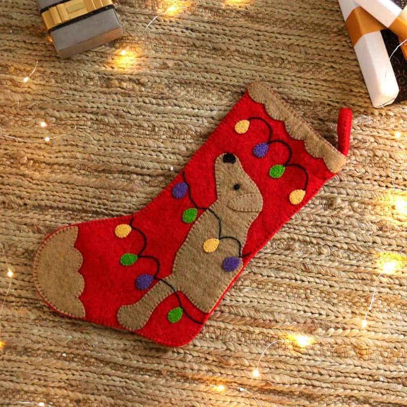 Handmade Cheerful Dog Applique Wool Felt Christmas Stocking technical drawing